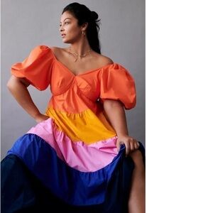 ANTHROPOLOGIE Farm Rio Tiered Colorblocked Maxi Dress XXS Petite Maximalist Boho